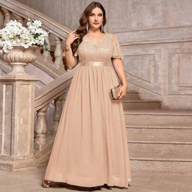 SHEIN Plus Deep V-Neck Sequin Lace Ruffle Mesh Sleeve Contrast Chiffon Formal Party Long Dress