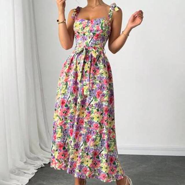 Sylviya Women&#39;s Casual Printed Bustier Detail Tie-Up Long Dress Derby Dress Summer Summer Outfits For Women Summer Dresses For Women Summer Dress Graduation D