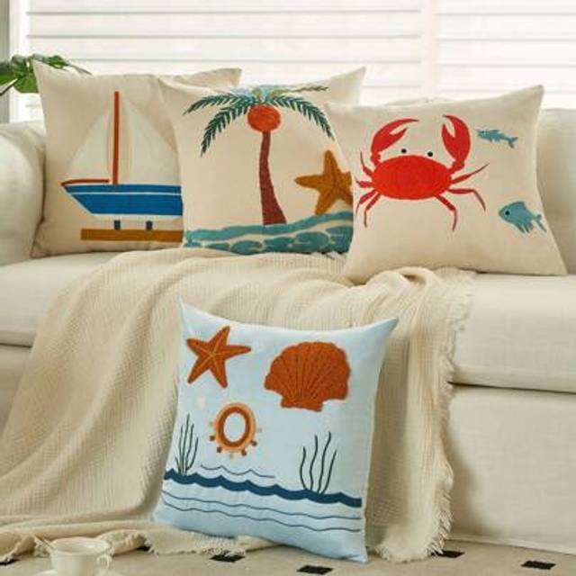 SHEIN 1pc Summer Embroidered Pillowcase Crab Sailboat Coconut Tree Square Pillowcase Cushion Cover Does Not Include Pillow Core Gifts Birthday Graduation