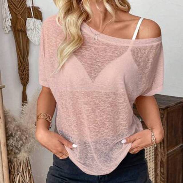 Breezaya Women&#39;s Casual Solid Color Asymmetric Collar Sheer Blouse, Summer
