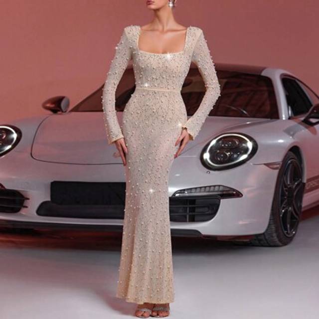 SHEIN Luxury Mesh Material Sparkly Rhinestone Studded Square Neck Fitted Long Backless Fish Tail Evening Party Dress, Wedding Guest Dress, Formal Dress,Gown