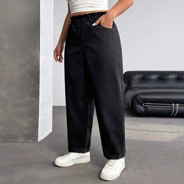 SHEIN Plus Size Women Ruffle Trim Waist Pocket Wide Leg Loose Casual Jeans