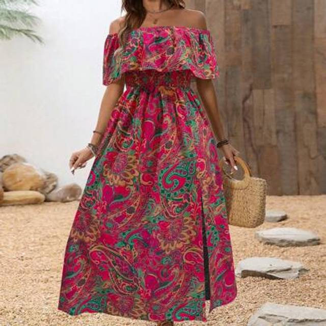 Breezaya Women&#39;s Flora Print Off Shoulder High-Low Hem Dress With Ruffle Trim Maxi Vacation Beach Outfit