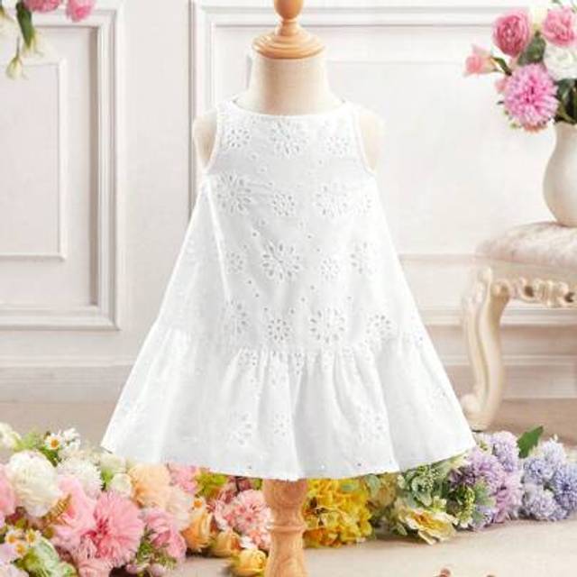 SHEIN Babygirl Cute White Floral Pattern Sleeveless Dress, Summer