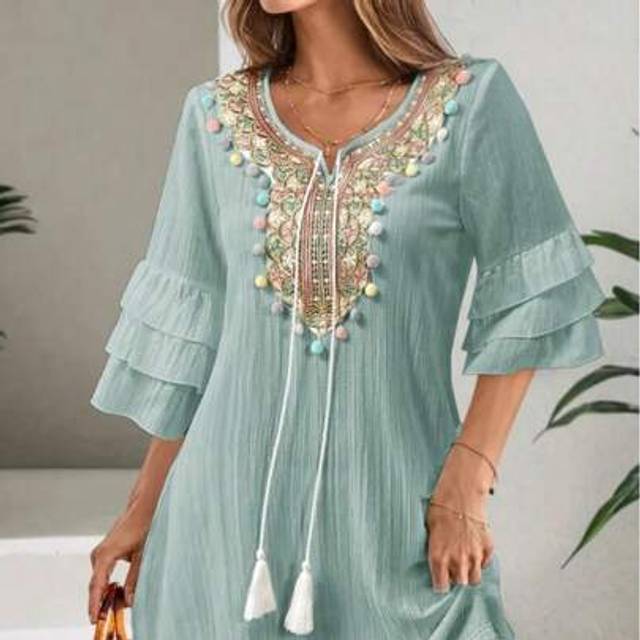 SHEIN Ladies&#39; Embroidered V-Neck Dress With Colorful Tassel Detail, Ruffled 1/3 Sleeve, Tassel Decor Beach Holiday Dress