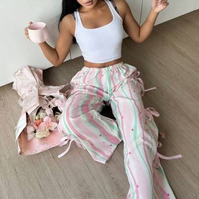SHEIN Bow Decor Striped & Star Pattern Cute Women Pajama Bottoms