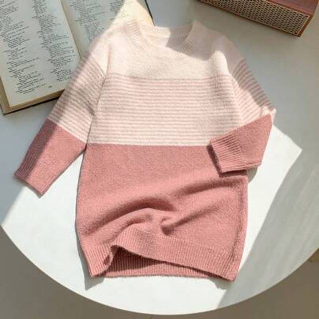 SHEIN LMoss Baby Girl Cute Pink Stripe Long Sleeve Sweater Dress, Suitable For Casual & Daily Wear, Suitable For Spring, Autumn & Winter