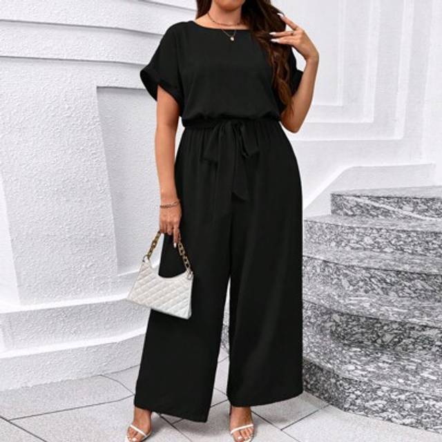 SHEIN Plus Size Elegant Round Neck Fitted Waist Wide Leg Jumpsuit