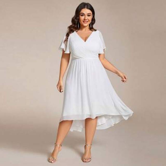 SHEIN Plus Elegant Chiffon V Neck Ruched Bust Short Sleeves Formal Dress Bridal Shower Dress For Bachelorette Party Wedding Dress For Bride Engagement Dress