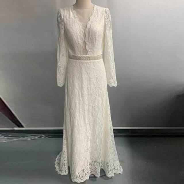SHEIN Lace Contrast Mesh Hollow Deep V-Neck Long Sleeve Waist Faux Pearl Floral Trim Backless High Low Hem Sexy Elegant Wedding Dress Maxi Gown,Bride