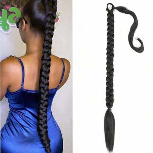 SHEIN Braid Ponytail Extension 22~40 Inch With Elastic Tie Straight Sleek Wrap Around Braid Hair Extensions Ponytail Natural Soft Synthetic Hairpiece Black