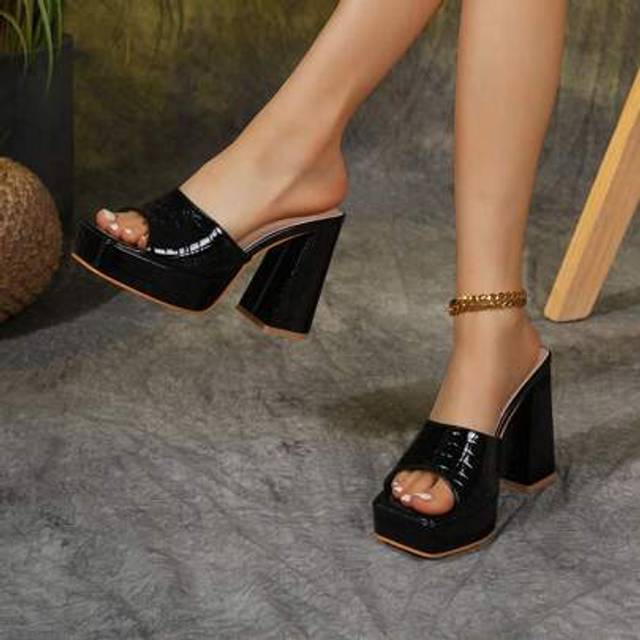 SHEIN Women&#39;s Patent Leather High Heel Platform Closed Toe Chunky Heel Sandals