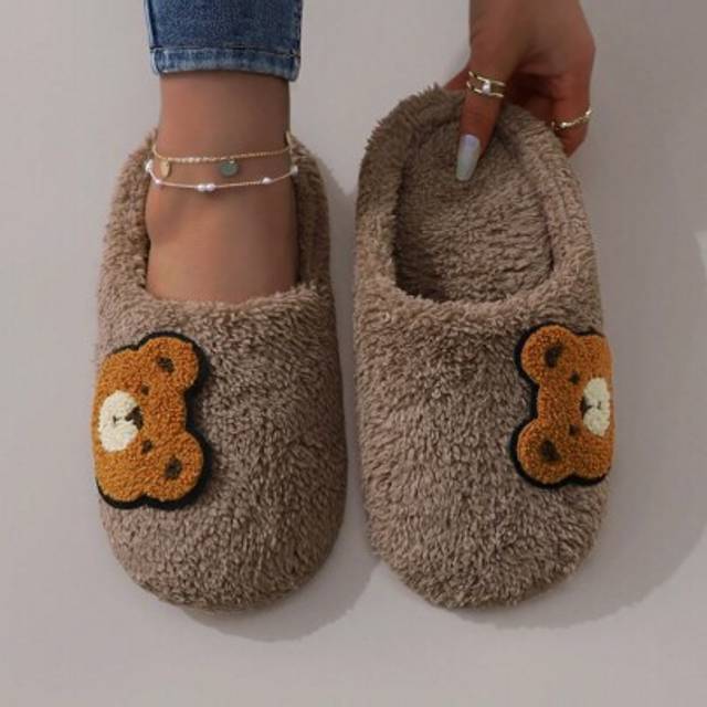 SHEIN Cute Cartoon Embroidered Bear Plush Silent Soft Bottom Slippers, Women Indoor Floor Slipper Socks