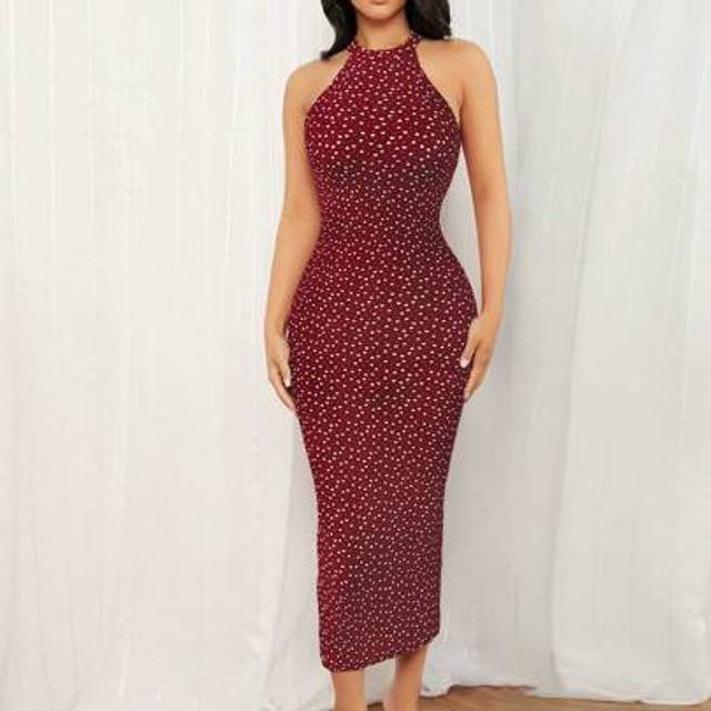 SHEIN Sundress;Women&#39;s Heart Polka Dot Print Halter Neck Fitted Long Dress,Polka Dot Dress  Long Bodycon Dress