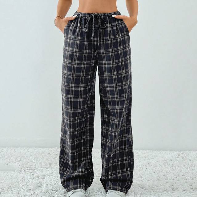 SHEIN Plaid Printed Drawstring Waistband Slanted Pocket Loose Casual Wide Leg Pants