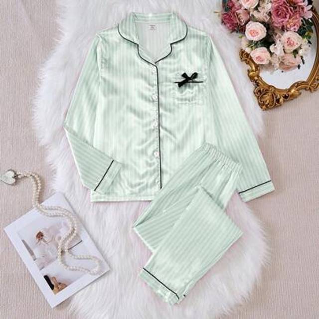 SHEIN 2pcs/Set Teen Girl Light Green Striped Bow Printed Shirt And Long Pants Pajama Set