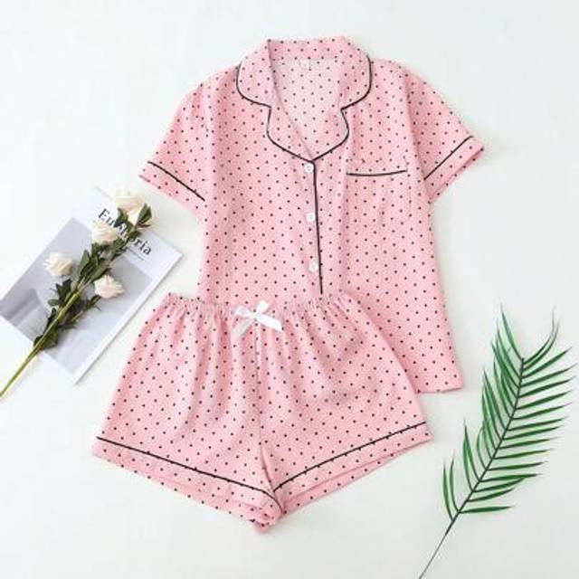 SHEIN 2pcs/Set Women Mini Polka Dot Print Short Sleeve Button-Up Top And Bowknot Shorts Pajama Set, Summer Loungewear Suitable For Home Wear,Two Pieces Set