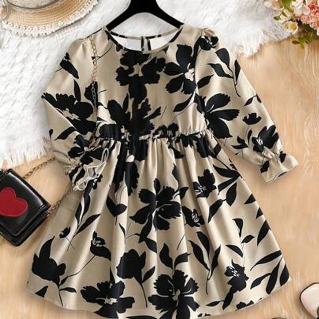 SHEIN Girls Collegiate Style Elegant Dress With Retro Floral Print, Fashion A-Line Dress For Little Young Girl