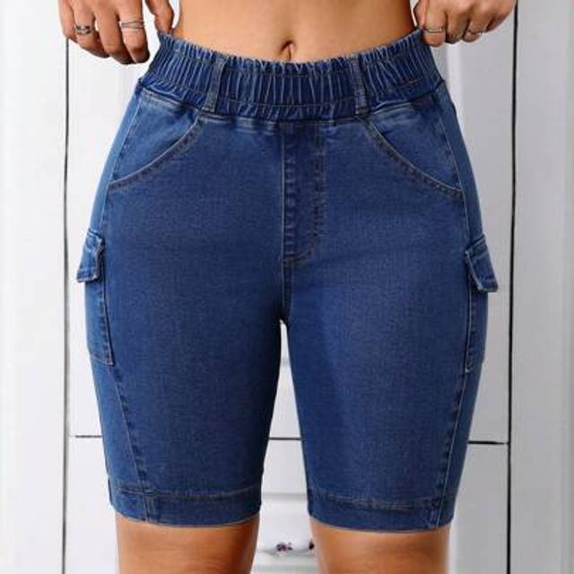 SHEIN Y2K Women&#39;s Spring And Summer Elastic Casual Versatile Street Workwear Multi-Pocket Elastic Elastic Denim Shorts