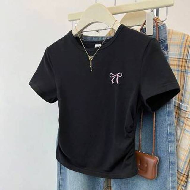 SHEIN Teen Girl Knitted Solid Color BM Style Round Neck Pullover Bow Contrast Color Embroidered Side Waist Gathered Design Short-Sleeved T-Shirt,Summer Outf