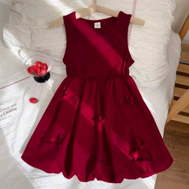 SHEIN Baby Girls&#39; Sleeveless Floral Bubble Dress, Simple Solid Color Sundress, Summer