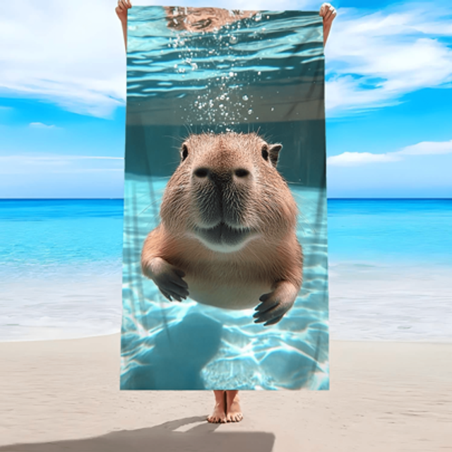 SHEIN 1pc Capybara Print Beach Towel - Soft, Lightweight, Sand-Free, Ultra-Absorbent Microfiber For Travel, Swimming, Surfing, Yoga, Camping, And Beach Acce