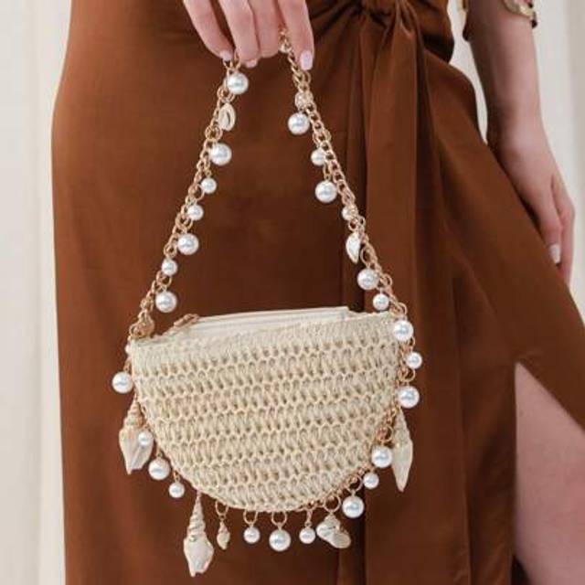 SHEIN LU VAVA Sunmmer And Spring New Handwoven Straw Half-Moon Shell Clutch – Pearl-Adorned Adjustable Single Strap Boho Purse For Beach Weddings, Tropical