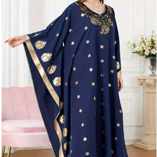 SHEIN Women&#39;s Elegant Solid Color Turkish Lace Robe, Long Sleeve V-Neck Gold Foil Retro Printed Abaya Dress, Arabian Style, Modest Kaftan
