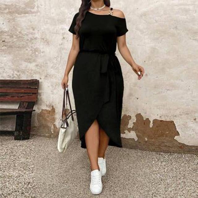 SHEIN Plus Size Women Asymmetric Neck With Waist Belt Bowknot Cold Shoulder Short Sleeve Dress, Asymmetric Hem Casual Dress, Black Summer Long Dress