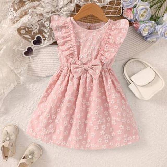 SHEIN Young Girls Spring/Summer 3D Jacquard Bow Accent Mini Party Dress