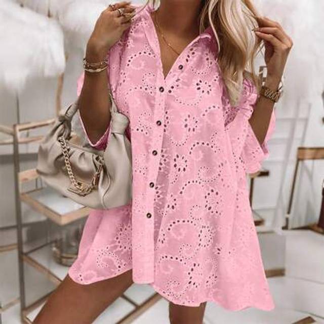 SHEIN Women&#39;s Laser-Cut Embroidered Lantern Sleeve Single-Breasted Casual Blouse