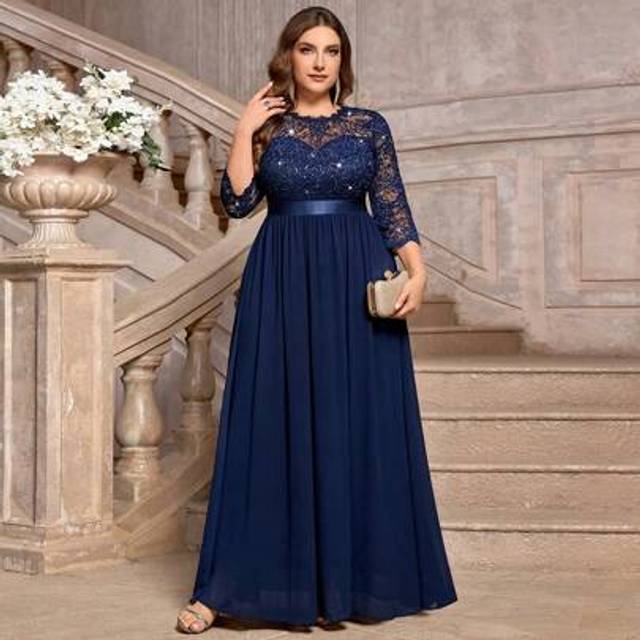 SHEIN Plus Sequin Floral Lace Contrast Chiffon Formal Maxi Evening Party Dress, Wedding Guest Dress, For Birthday, Graduation, Homecoming,Gown