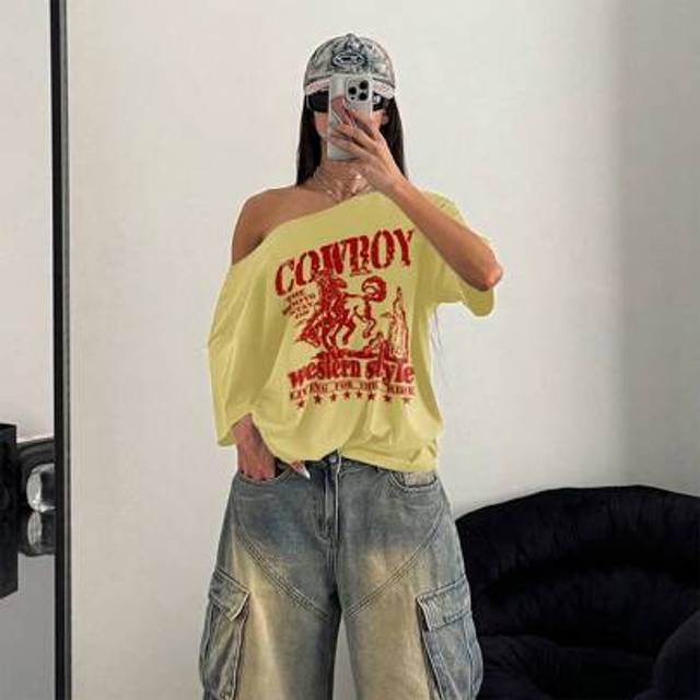 SHEIN Women Cowgirl Yellow Oversized Loose Slouchy T-Shirt, Off Shoulder