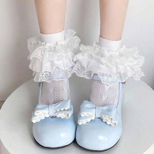 SHEIN 1 Pair Lace Bow Lolita Style Mid-Calf Socks For Women, Plus Size