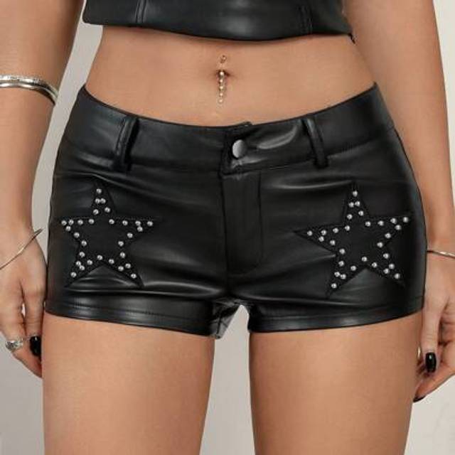 SHEIN Y2K Women&#39;s Black Star Rivet PU Leather Sexy Hot Pants,Low Rise Shorts