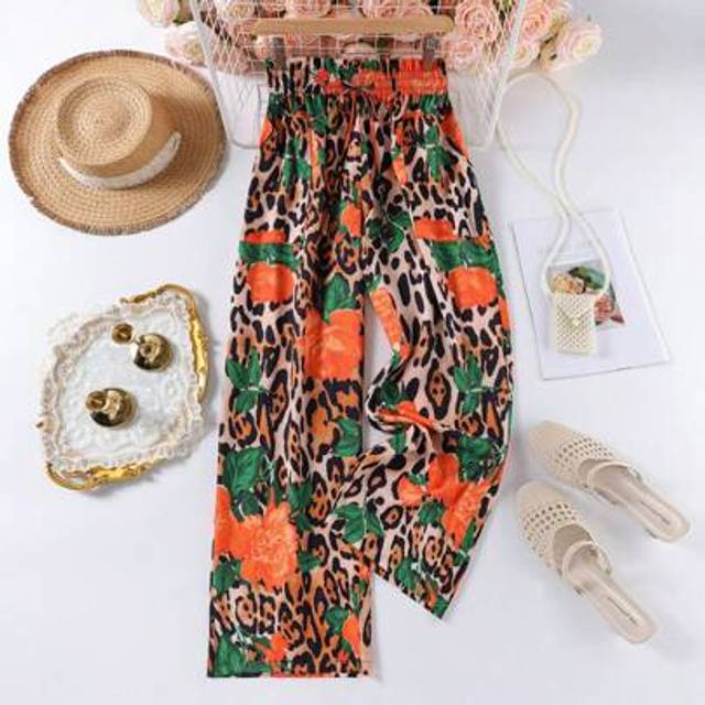 Luneh Plus Size Women&#39;s Valentine Leopard Print Floral Print Summer High Waist Lace Up Loose Casual Pants
