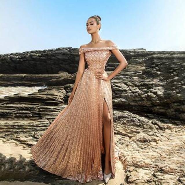 SHEIN Gorgeous Off-Shoulder High Slit Maxi Formal Dress Champagne Elegant Evening Dresses Gowns For Women Wedding Guest Dress Bridesmaid Dresses Prom Dress
