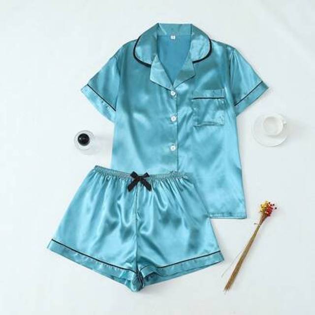 SHEIN 2pcs/Set Satin Summer Shirt With Turndown Collar & Bowknot Shorts, Women Pajama Set, Loungewear