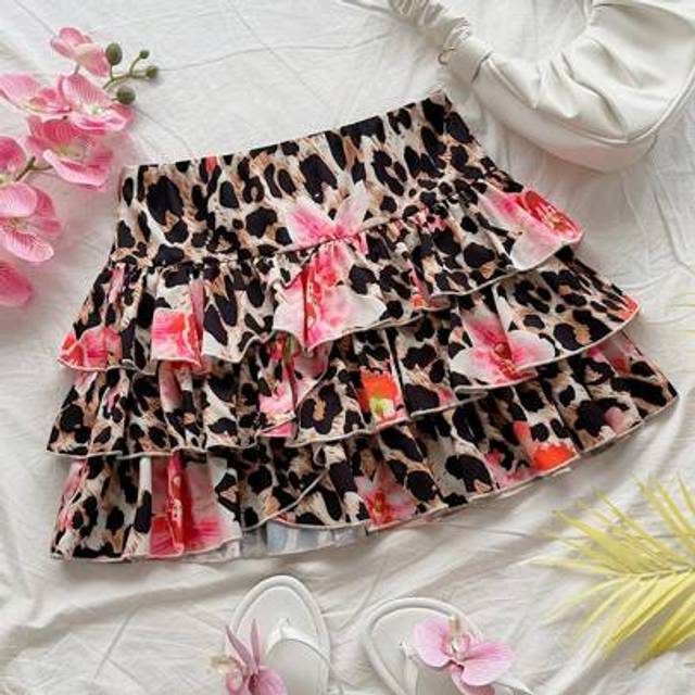 Soleia WYWH Women&#39;s Layered Ruffle Leopard & Floral Print Asymmetric Skirt, Casual Everyday Wear