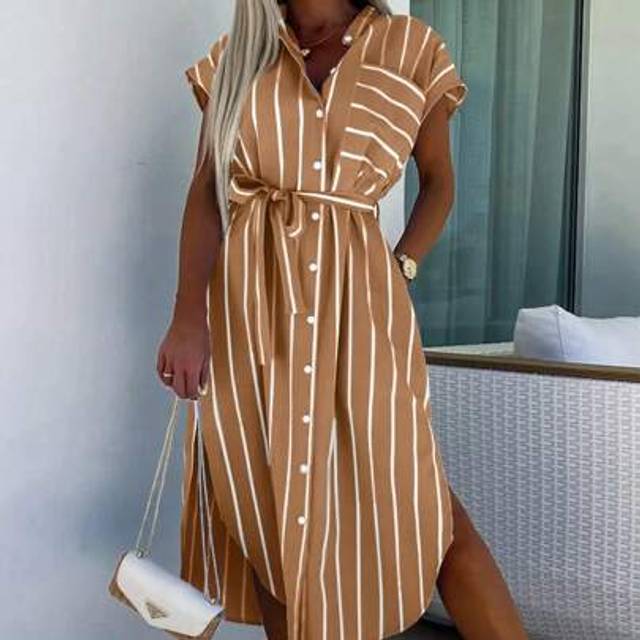 SHEIN Women&#39;s Striped Batwing Short Sleeve Single Breasted Casual Long Dress, Summer Maxi Women Outfit