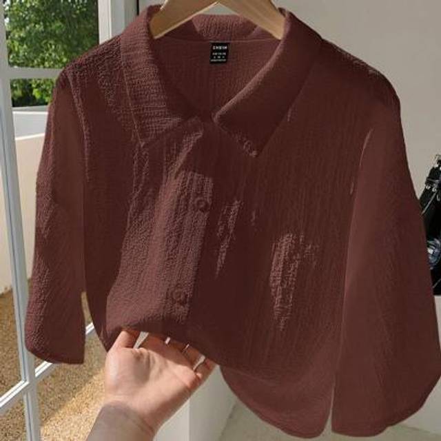 Comfortcana Women&#39;s Solid Color Button Front Long Sleeve Casual Brown Blouse, Everyday Wear
