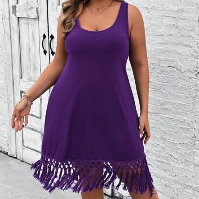 SHEIN Plus Size Summer Beach Holiday Sleeveless Patchwork Tassel Knit Blue Dress