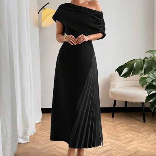 Franclia Plus Size Women&#39;s Asymmetrical Neck Ruched Elegant Midi Dress With Slit Women Casual Dress Women Dresses Birthday Women Birthday Outfit Women S Clothe