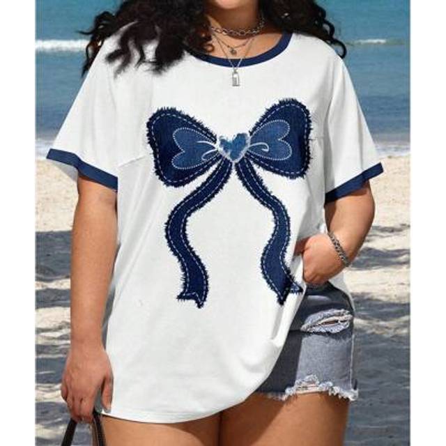 SHEIN Plus Size Short Sleeve Denim Effect Bow Printed T-Shirt,Curve Plus ,Hoho Vacation