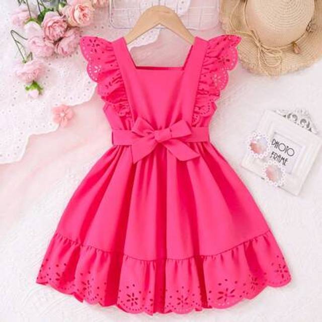 SHEIN Young Girl&#39; Casual Chic Fuchsia Cap Sleeve Dress, Suitable For Parties, Leisure, Vacation And Home Wear In Summer