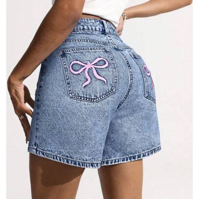 SHEIN Women&#39;s Bow Embroidered Pocket Casual Denim Shorts, Summer