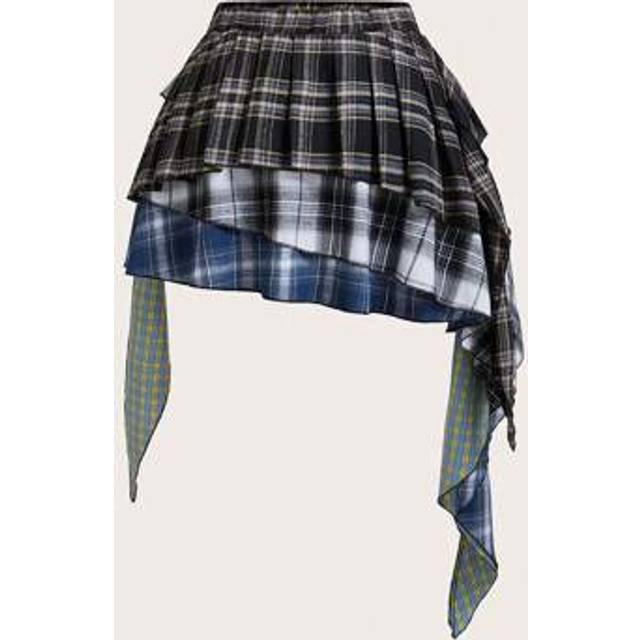 SHEIN Plus Size Vintage Casual Patchwork Plaid Asymmetric Hemline Pleated A-Line Skirt