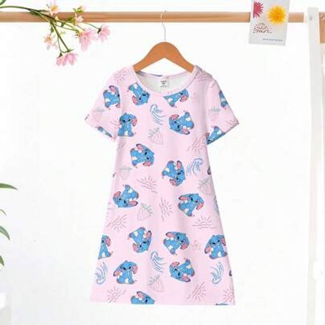 SHEIN Young Girl Cute Blue Rabbit & Strawberry Print Loose Comfortable Round Neck Short Sleeve Midi Length Milk Silk Blend Knit Dress, Sleepwear And Loungew