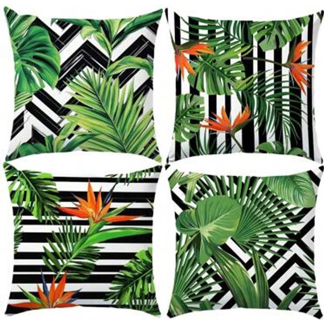 SHEIN 4pcs Tropical Green Leaf Decorative Pillow Case Set, Single Side Printed Velvet Fabric, 45*45cm/18*18inch Cushion Cover For Room Decor, Modern Minimal