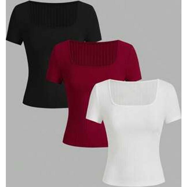 SHEIN 3pcs Women Square Neck Slim Fit Short Sleeve Ribbed T-Shirts, Suitable For Summer, Ankora Red